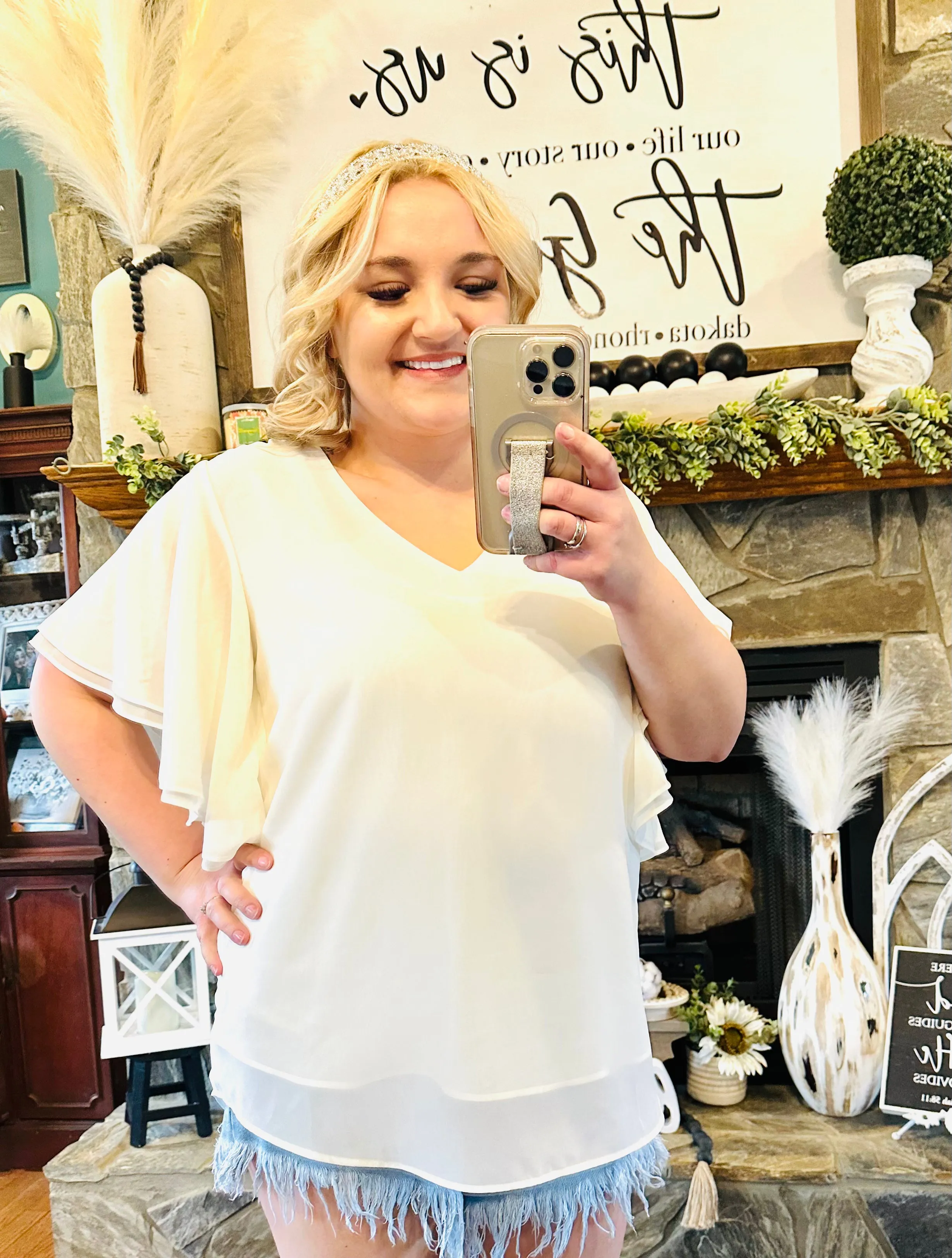 1 : Zenana - Flowy Flutter Sleeve Vneck Dressy Top
