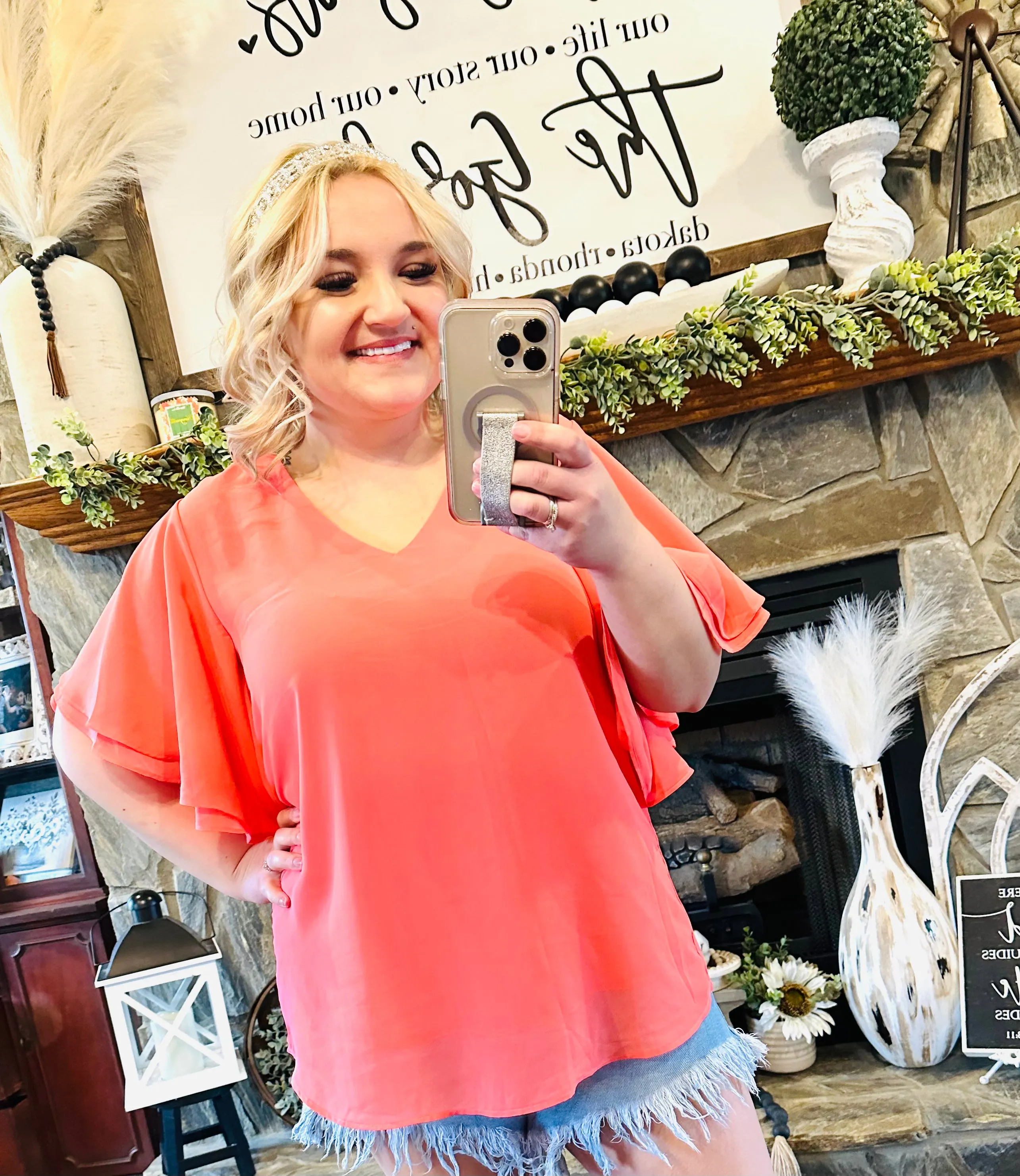 1 : Zenana - Flowy Flutter Sleeve Vneck Dressy Top