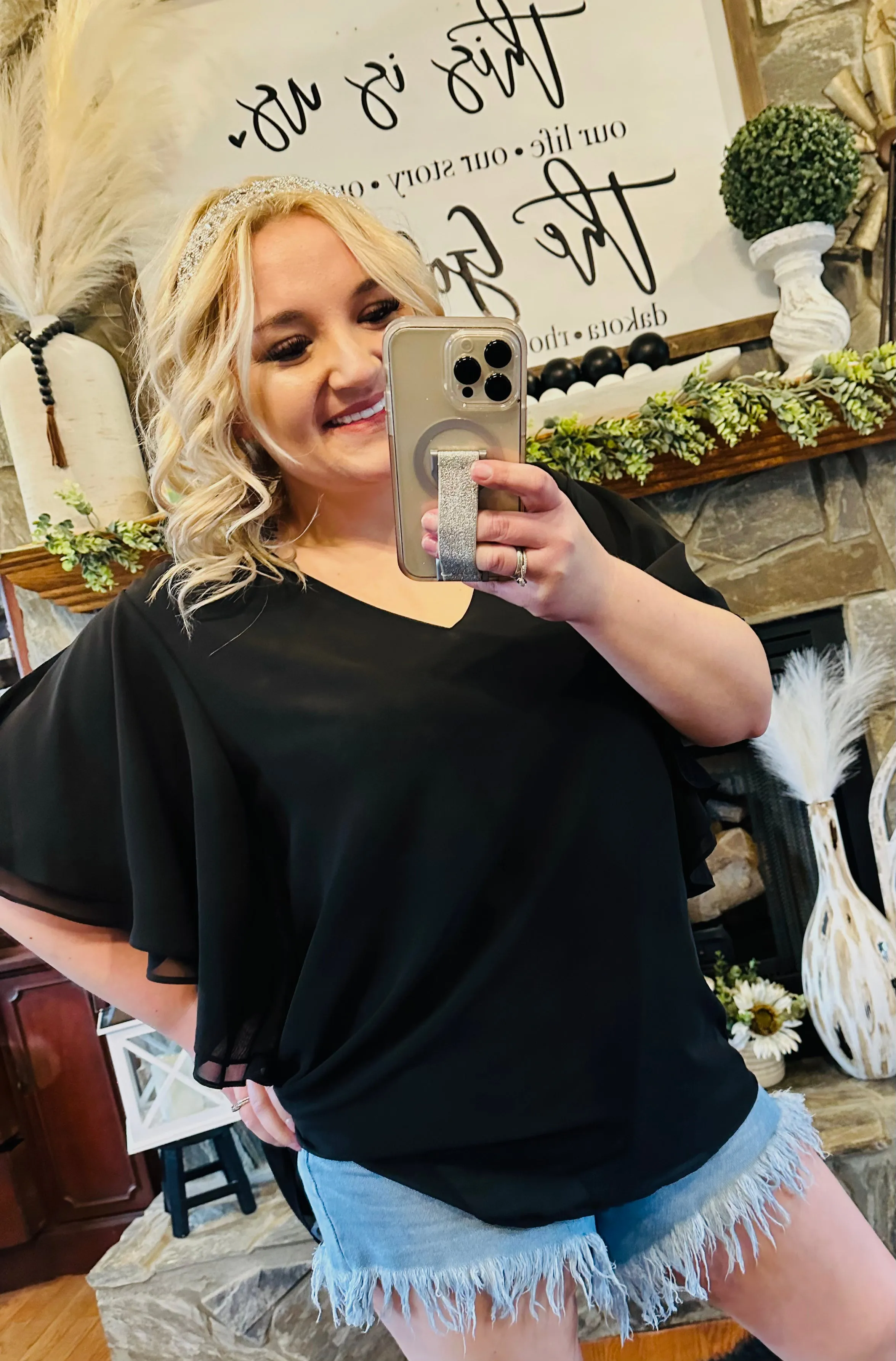 1 : Zenana - Flowy Flutter Sleeve Vneck Dressy Top