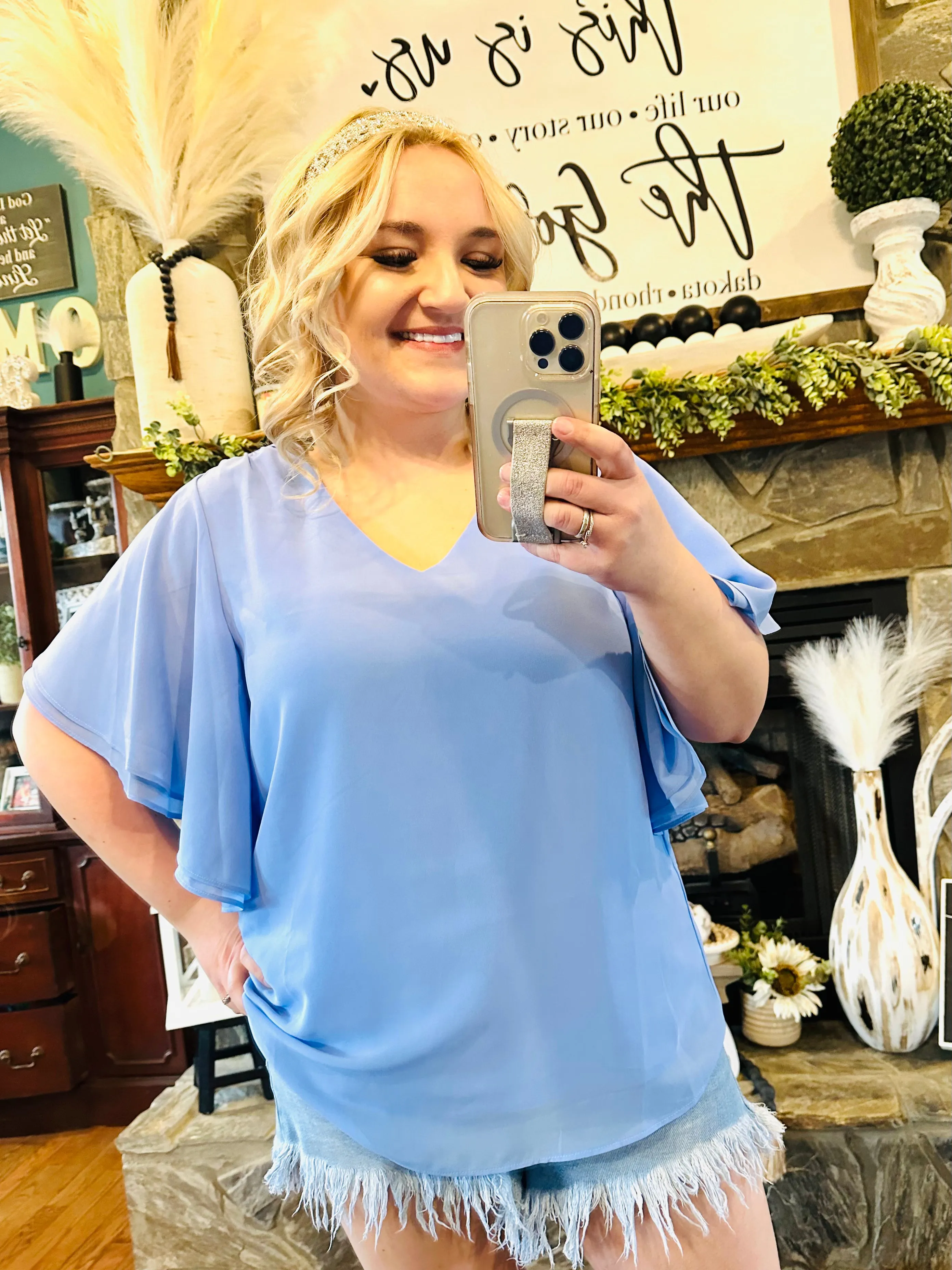 1 : Zenana - Flowy Flutter Sleeve Vneck Dressy Top