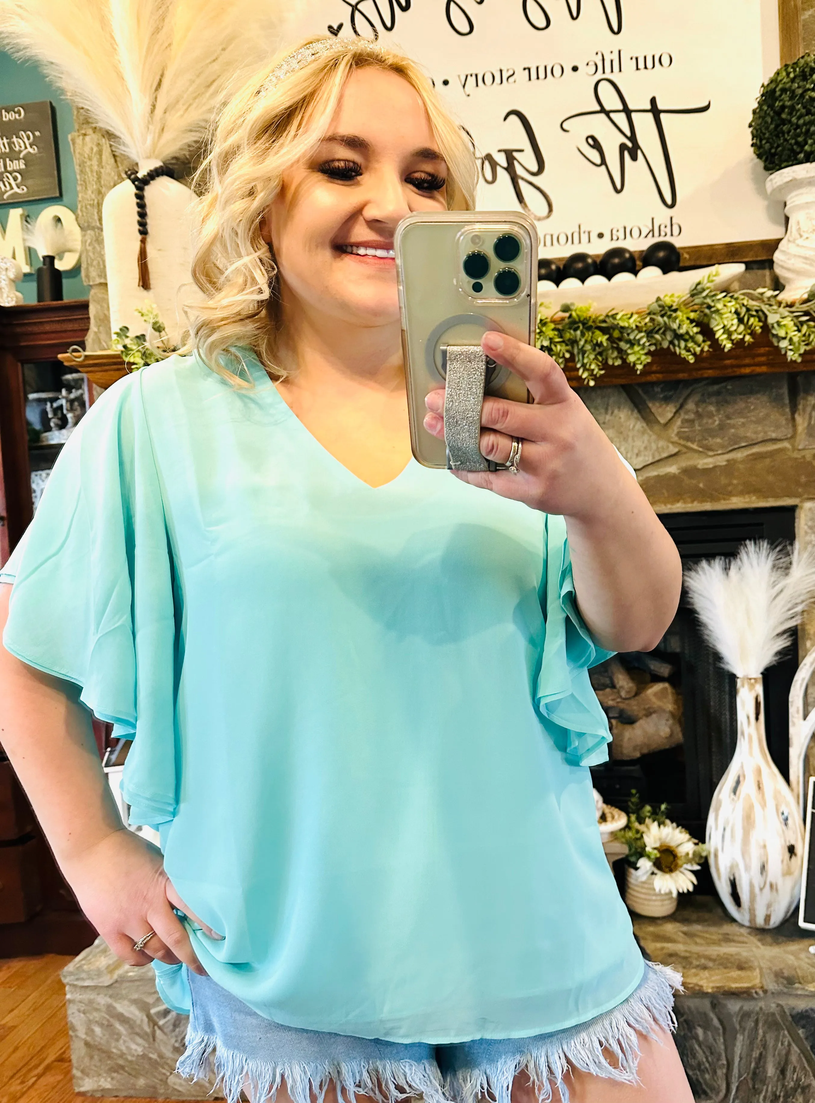 1 : Zenana - Flowy Flutter Sleeve Vneck Dressy Top