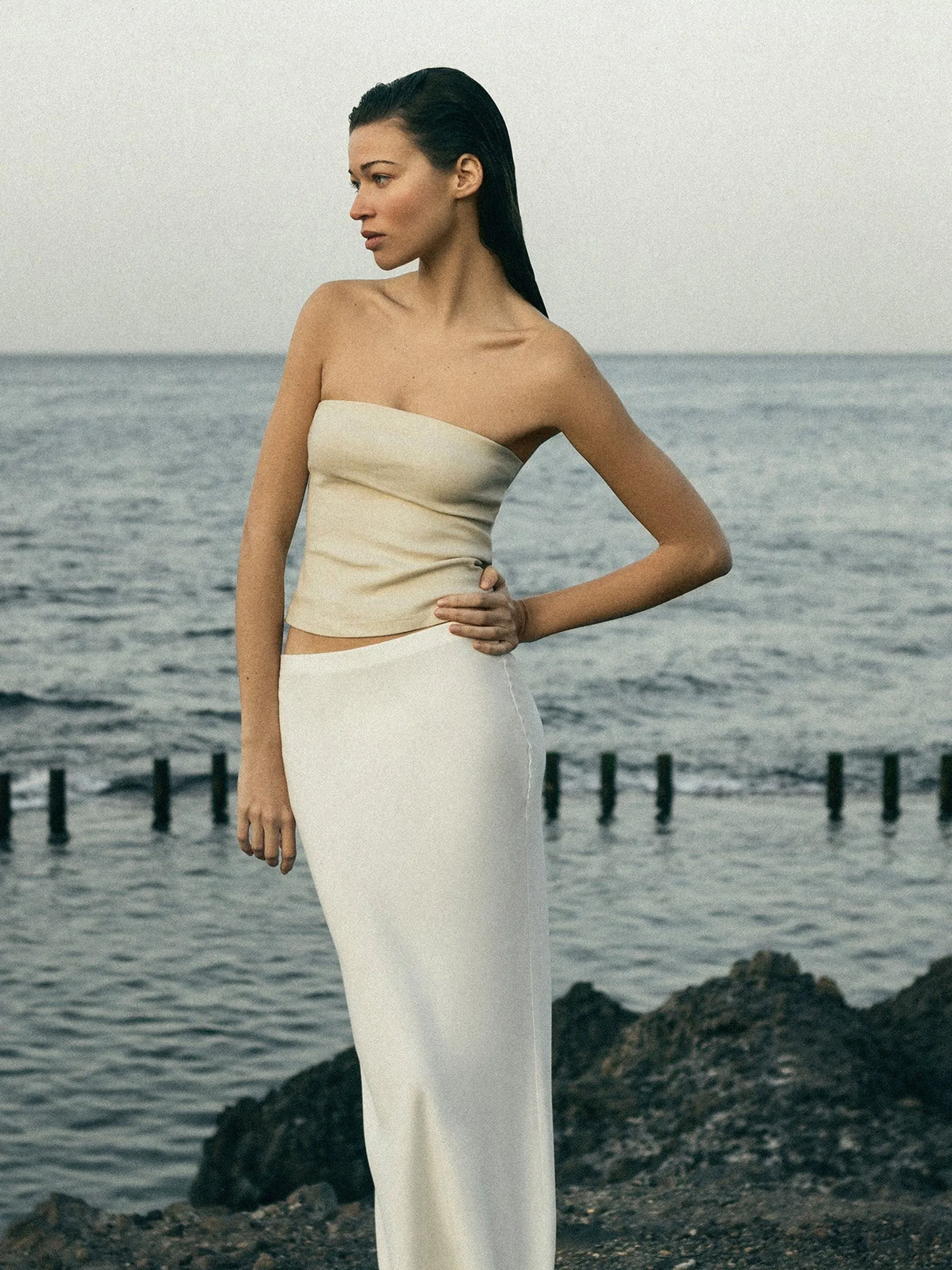 Bias-cut maxi skirt in stretch twill