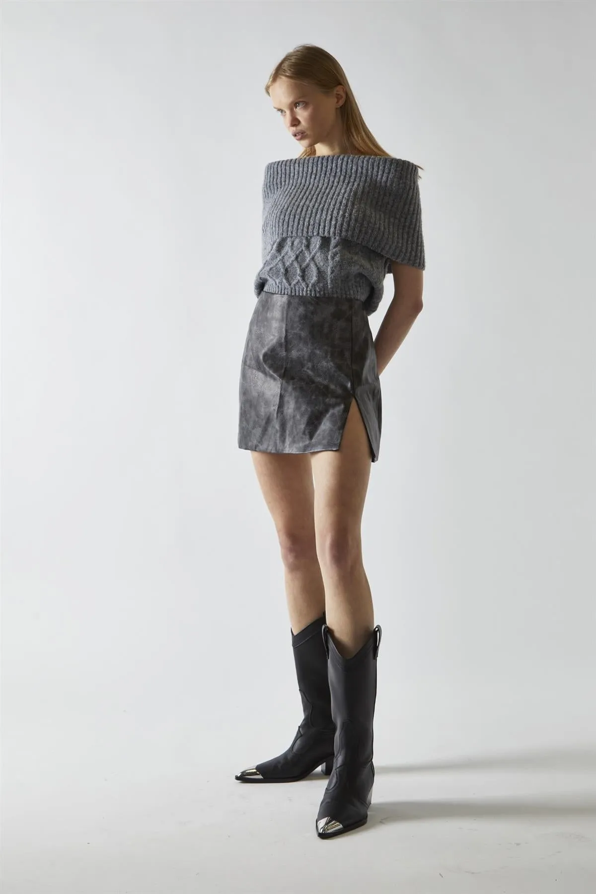 Black-Marble PU Split Mini Skirt
