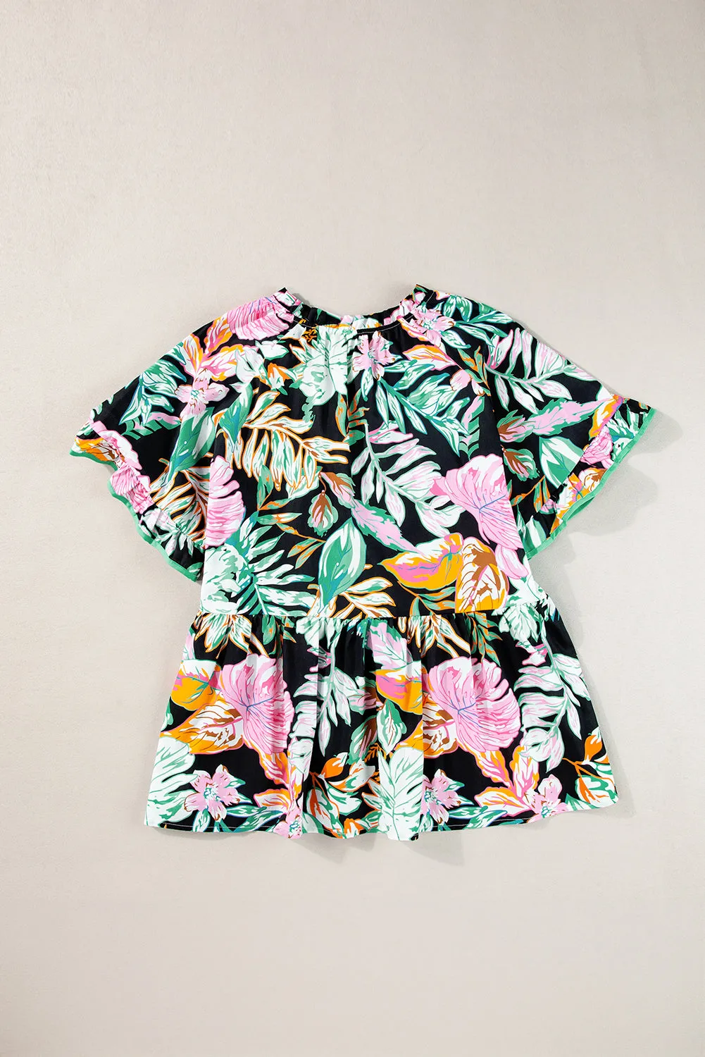 Black Plus Tropical Print Ruffled Sleeve Flowy Blouse