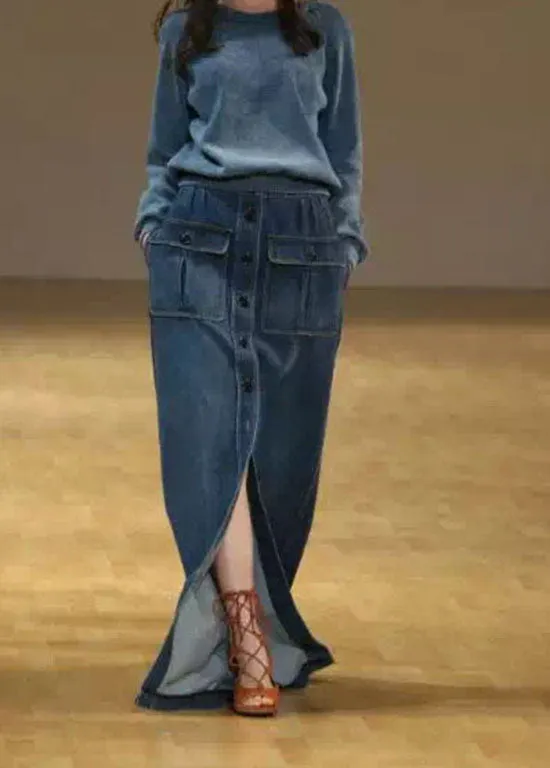 Bohemian Blue Pockets Button Patchwork Denim Maxi Skirt Summer LY3933
