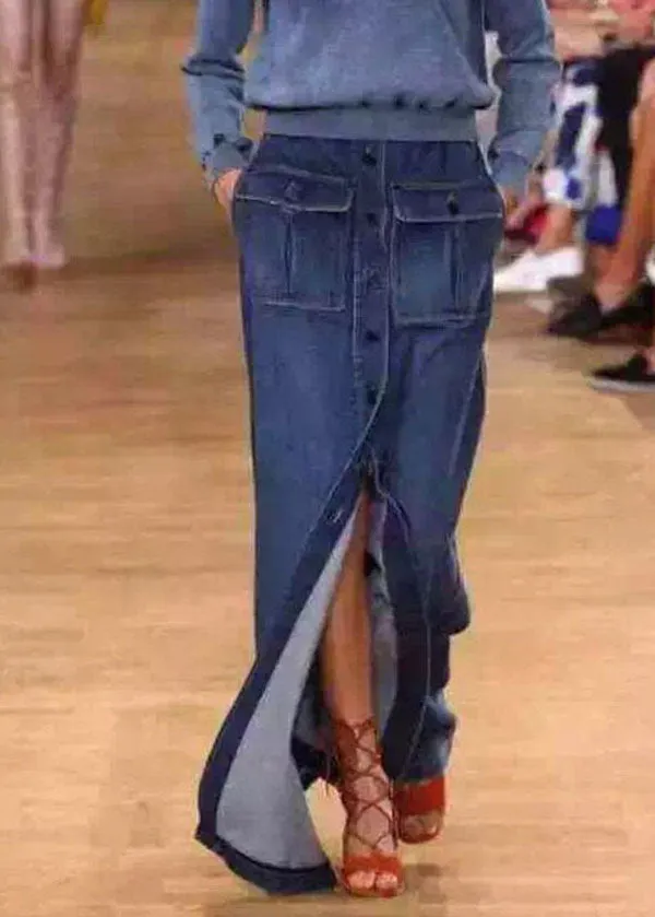 Bohemian Blue Pockets Button Patchwork Denim Maxi Skirt Summer LY3933