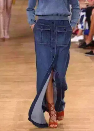 Bohemian Blue Pockets Button Patchwork Denim Maxi Skirt Summer LY3933