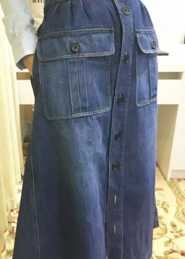 Bohemian Blue Pockets Button Patchwork Denim Maxi Skirt Summer LY3933