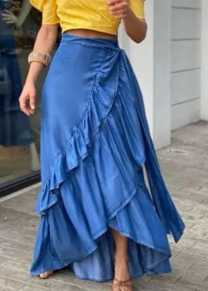 Bohemian Blue Ruffled Tie Waist Patchwork Denim Skirts