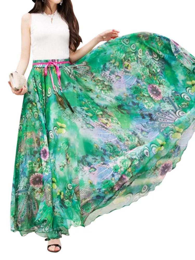 Bohemian Print Ankle Length Pleated Women Chiffon Skirts
