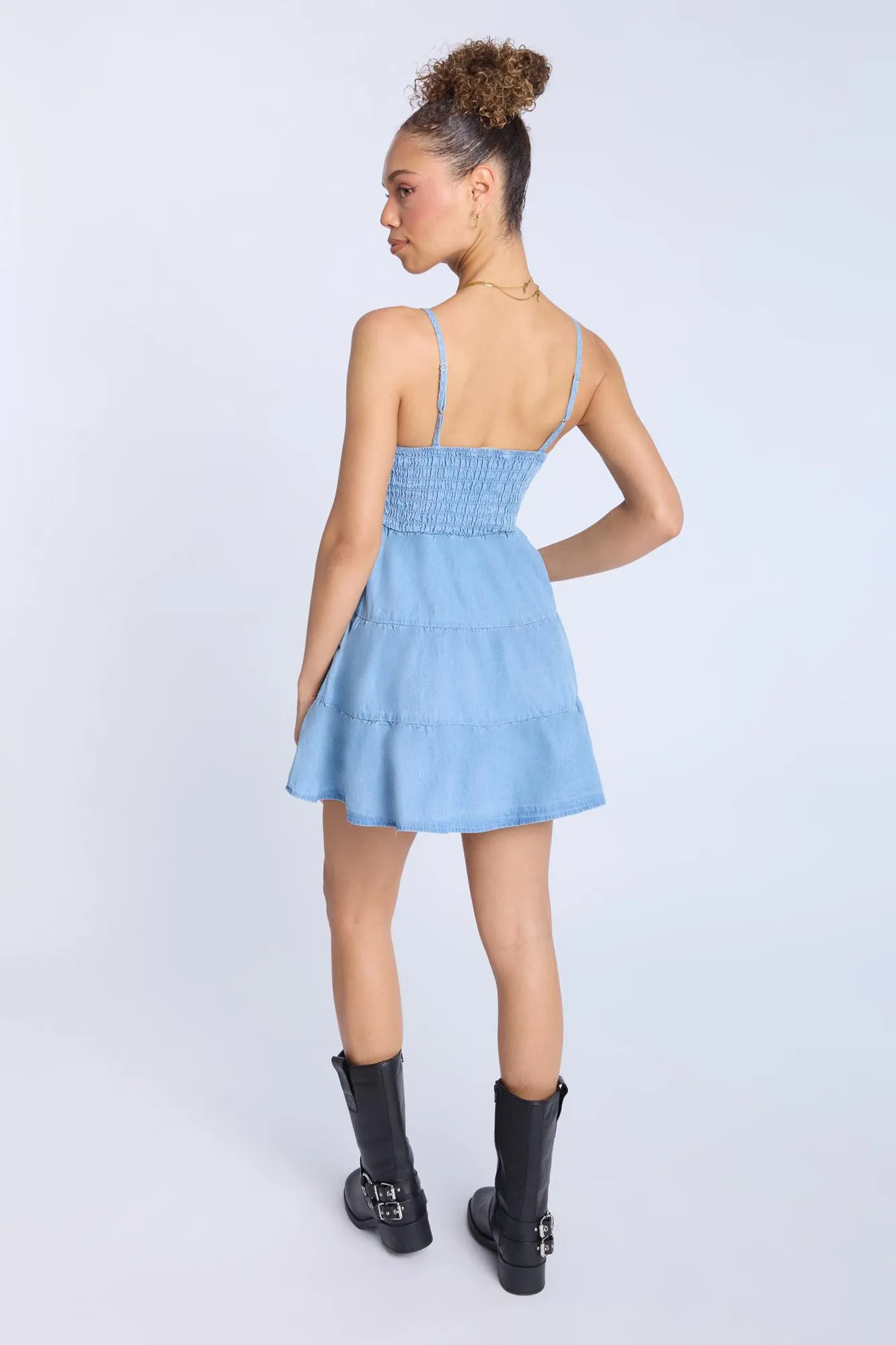 Chambray Smocked Tiered Mini Dress