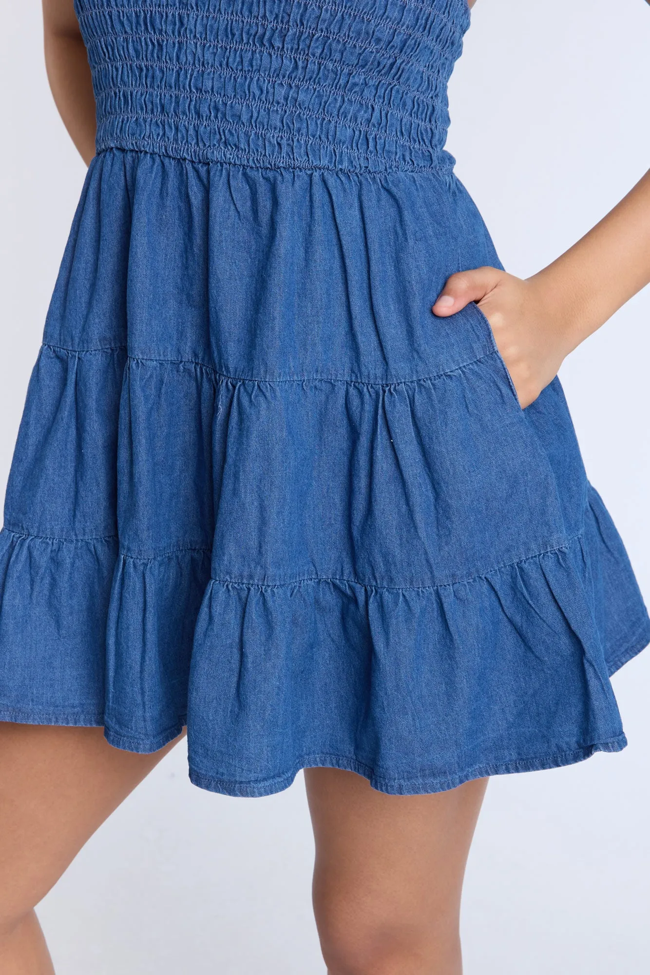 Chambray Smocked Tiered Mini Dress