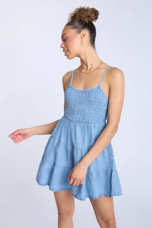 Chambray Smocked Tiered Mini Dress
