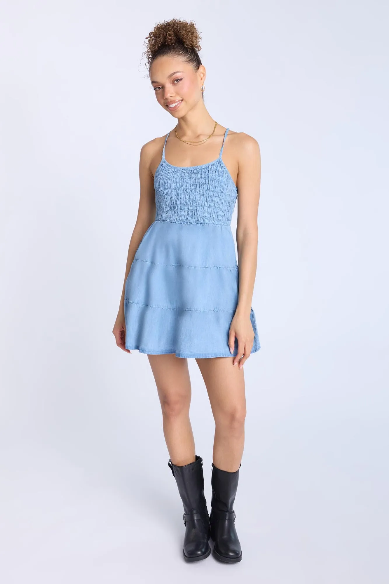 Chambray Smocked Tiered Mini Dress