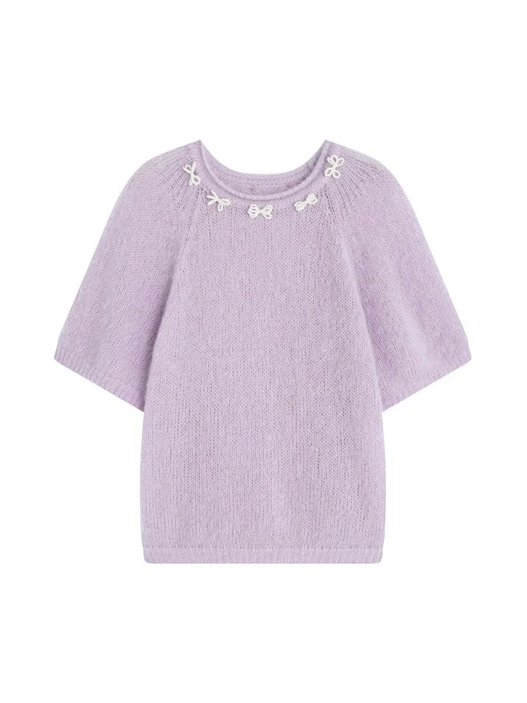 Crew-Neck Ribbon Sweet Feminine Pale Tops＆Long-Skirt