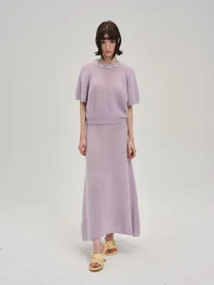 Crew-Neck Ribbon Sweet Feminine Pale Tops＆Long-Skirt