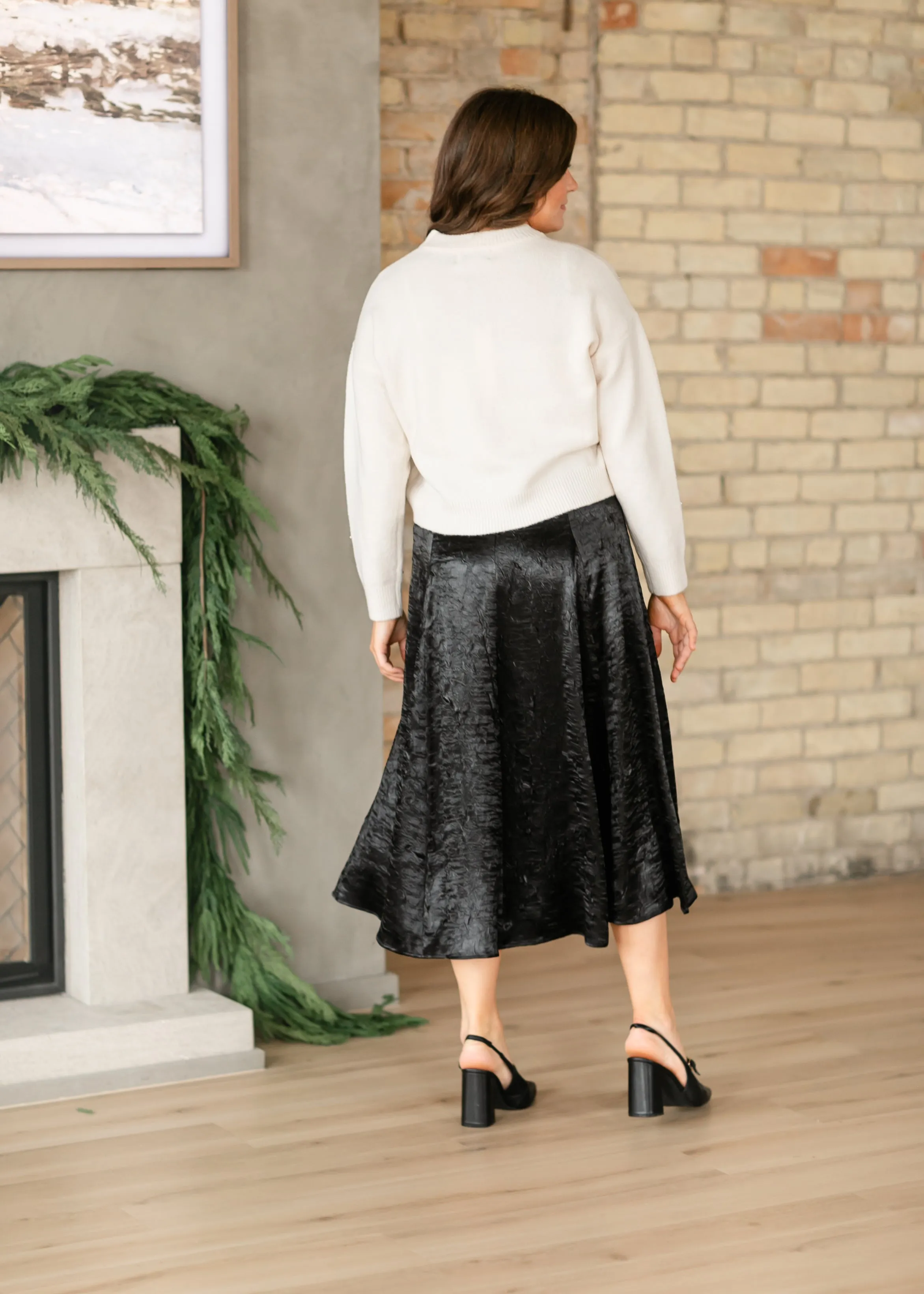 Crinkle Satin Black A-line Skirt
