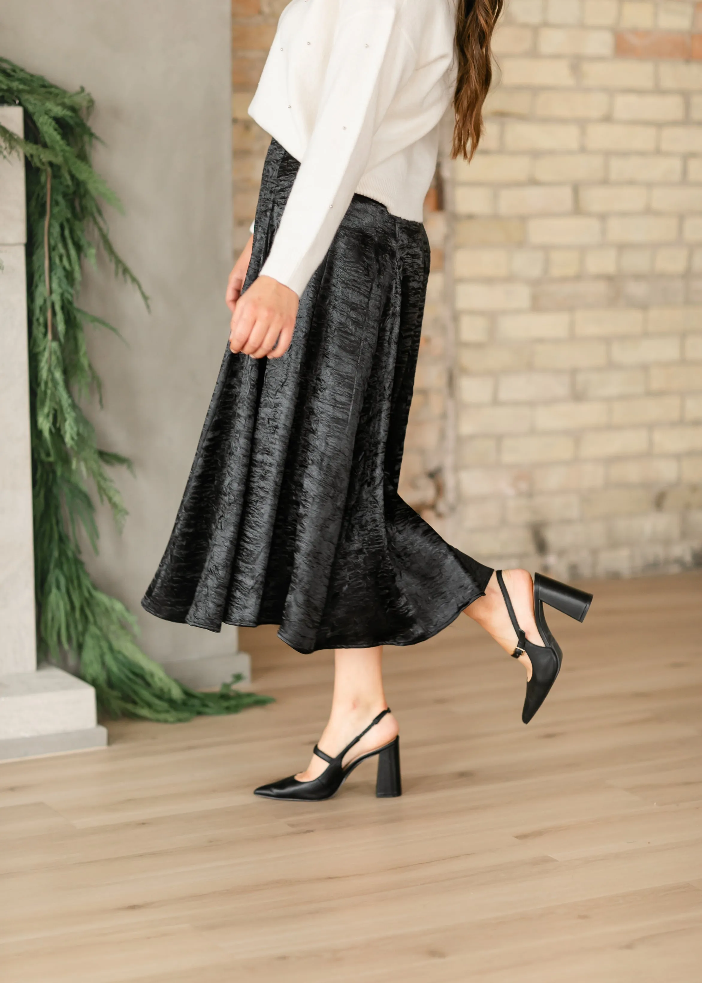 Crinkle Satin Black A-line Skirt