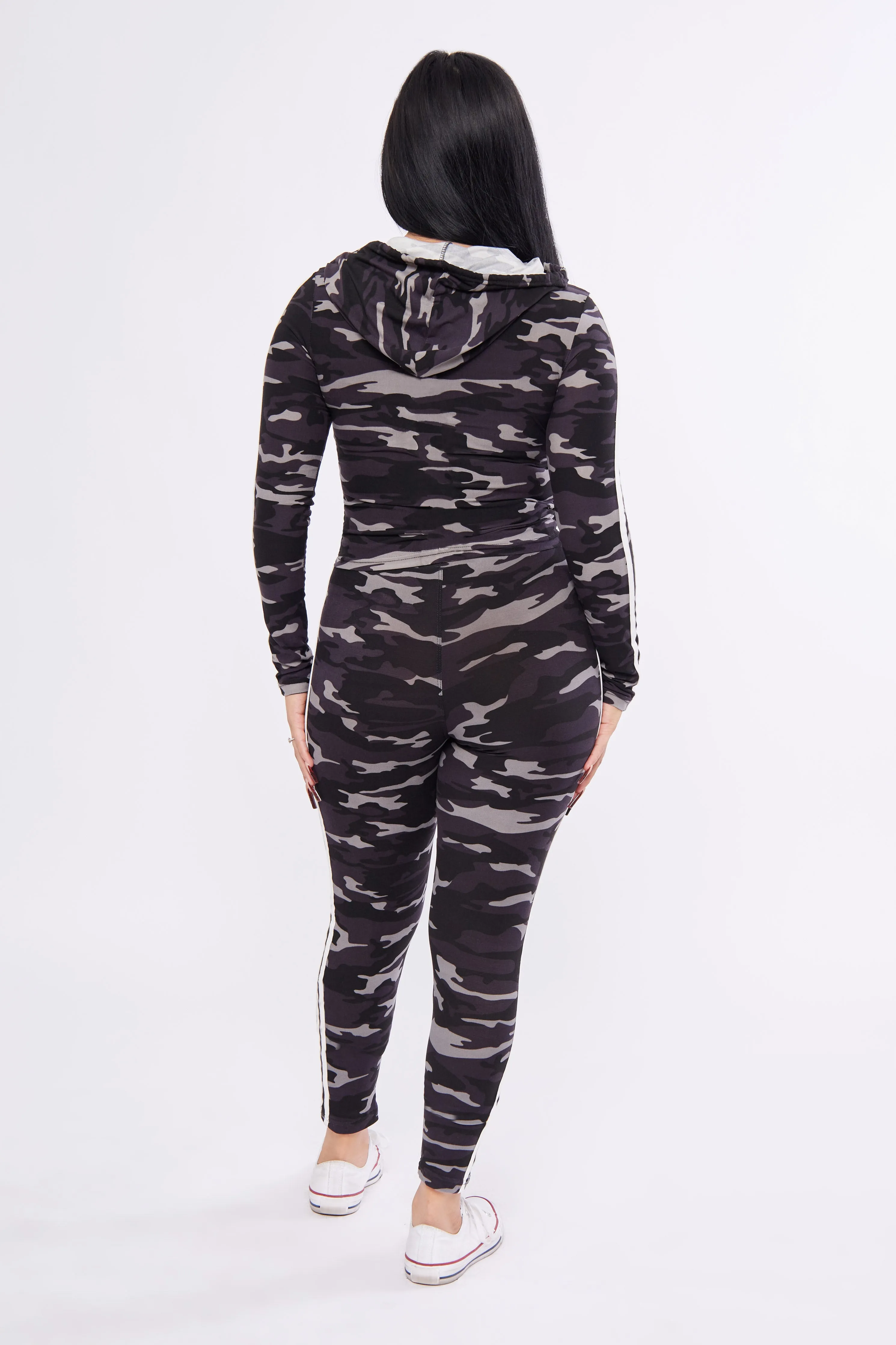 Drawstring Camouflage Hoodie Matching Set