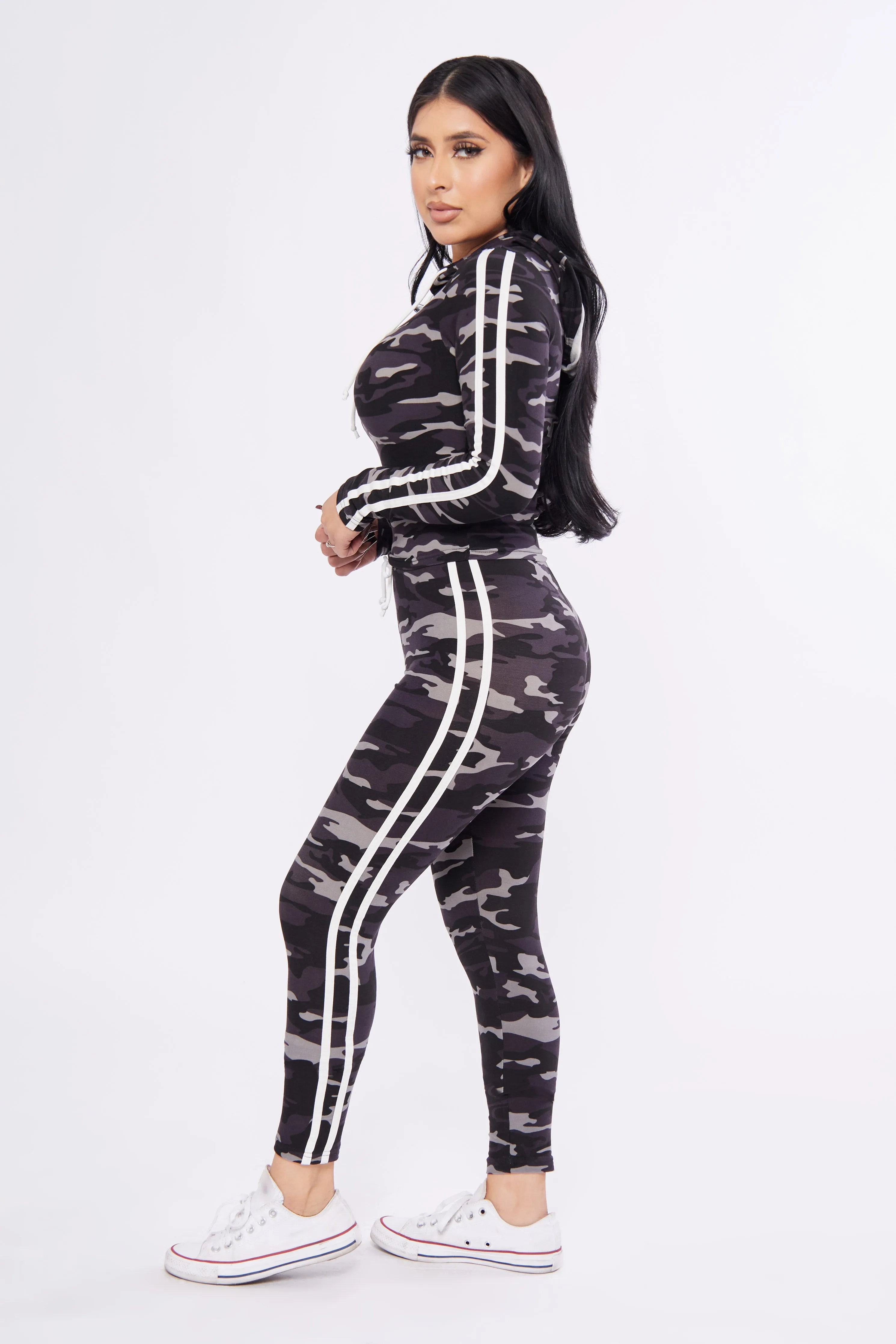 Drawstring Camouflage Hoodie Matching Set