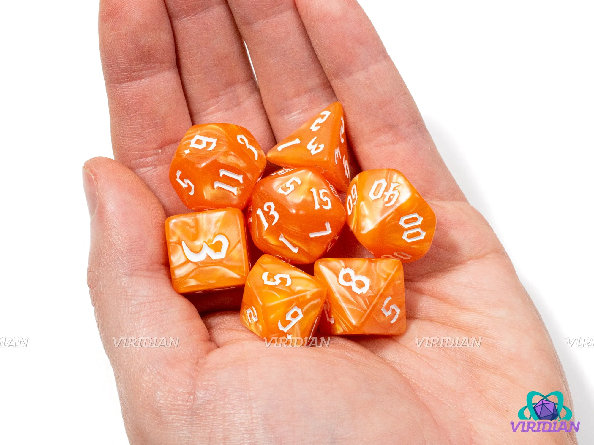 Dreamsicle Redux | Orange Pearled Swirls, Gothic White Font | Acrylic Dice Set (7)