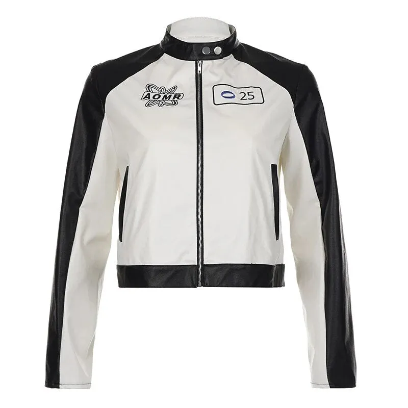 Embroidery Spliced Zip-Up PU Leather Jacket