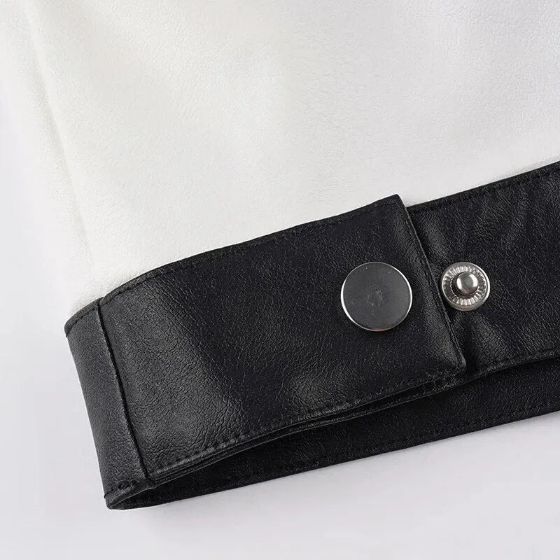 Embroidery Spliced Zip-Up PU Leather Jacket