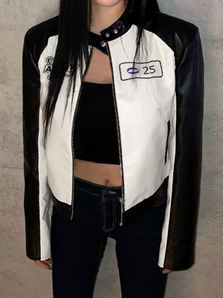 Embroidery Spliced Zip-Up PU Leather Jacket