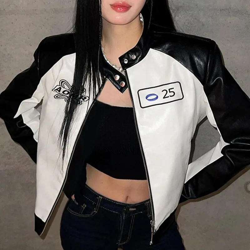Embroidery Spliced Zip-Up PU Leather Jacket