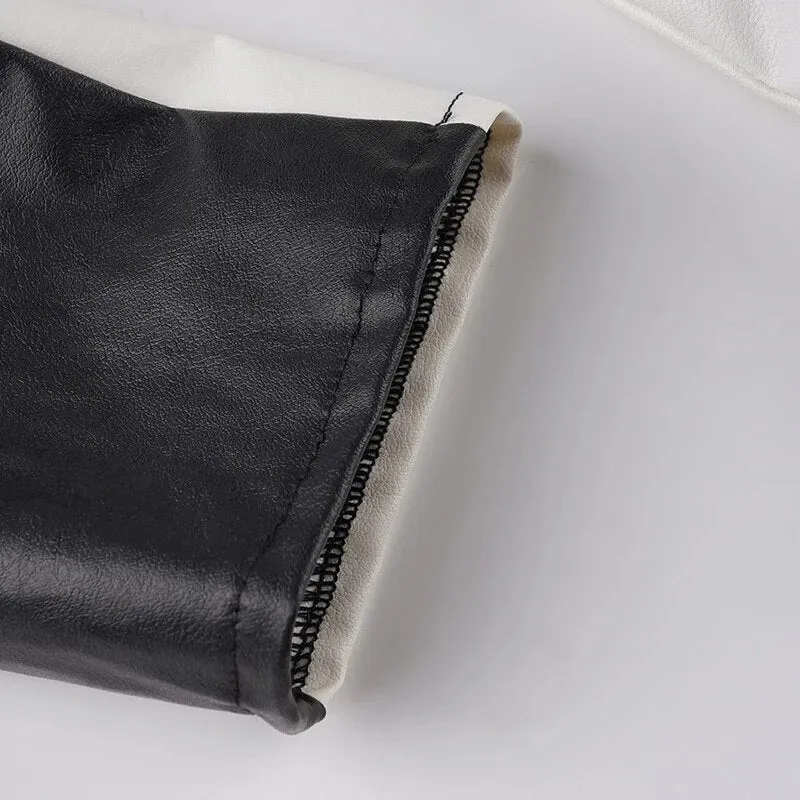 Embroidery Spliced Zip-Up PU Leather Jacket