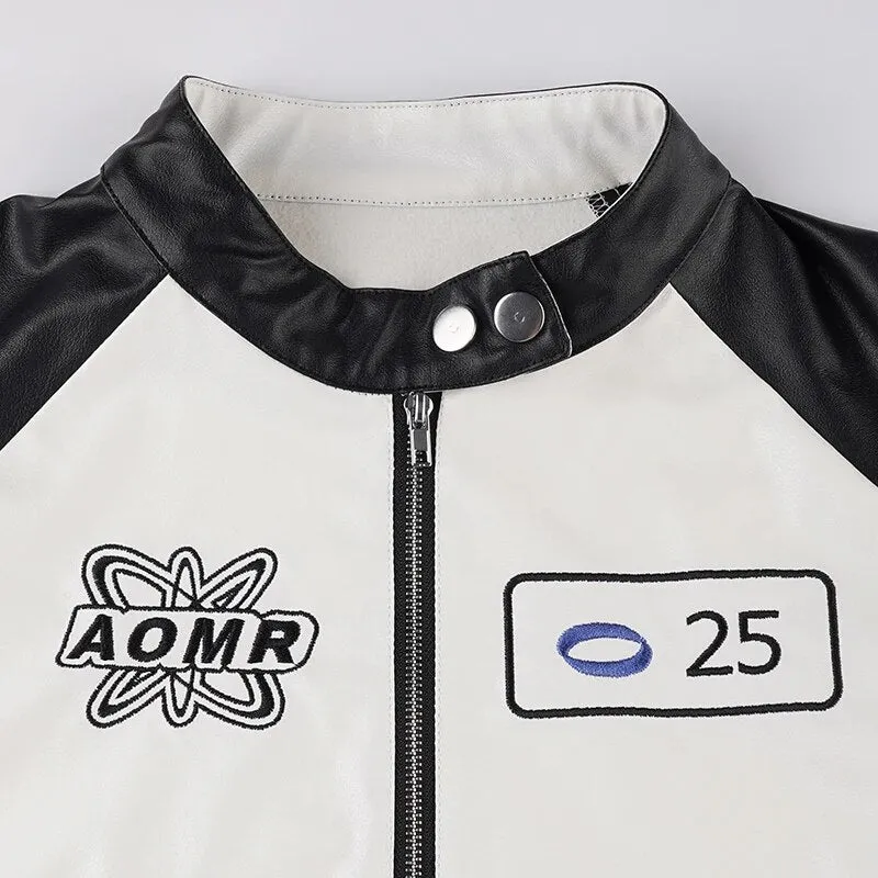 Embroidery Spliced Zip-Up PU Leather Jacket