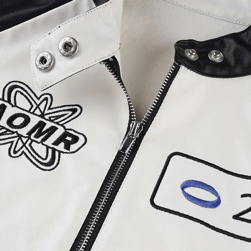 Embroidery Spliced Zip-Up PU Leather Jacket