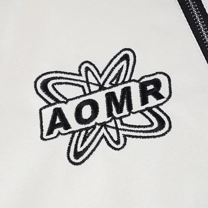 Embroidery Spliced Zip-Up PU Leather Jacket