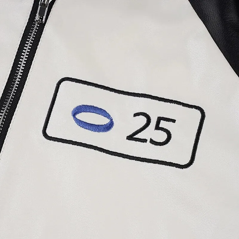 Embroidery Spliced Zip-Up PU Leather Jacket