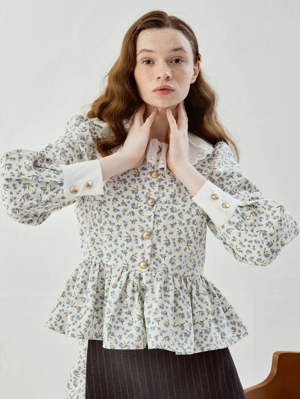 Feminine Flower Retro Flare Cute Peplum Blouse