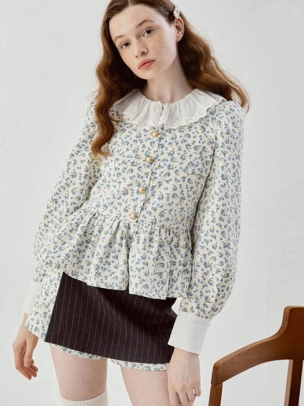 Feminine Flower Retro Flare Cute Peplum Blouse