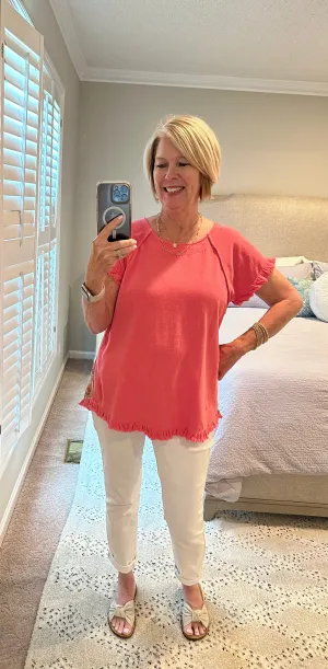 Floral Back Flowy Linen Top - Coral Pink