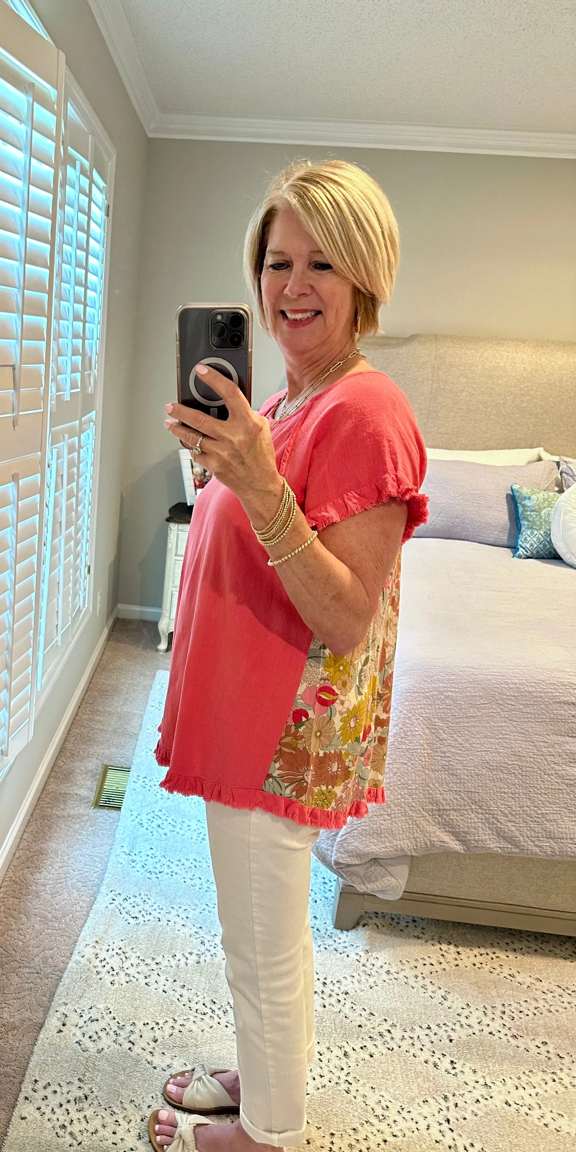 Floral Back Flowy Linen Top - Coral Pink