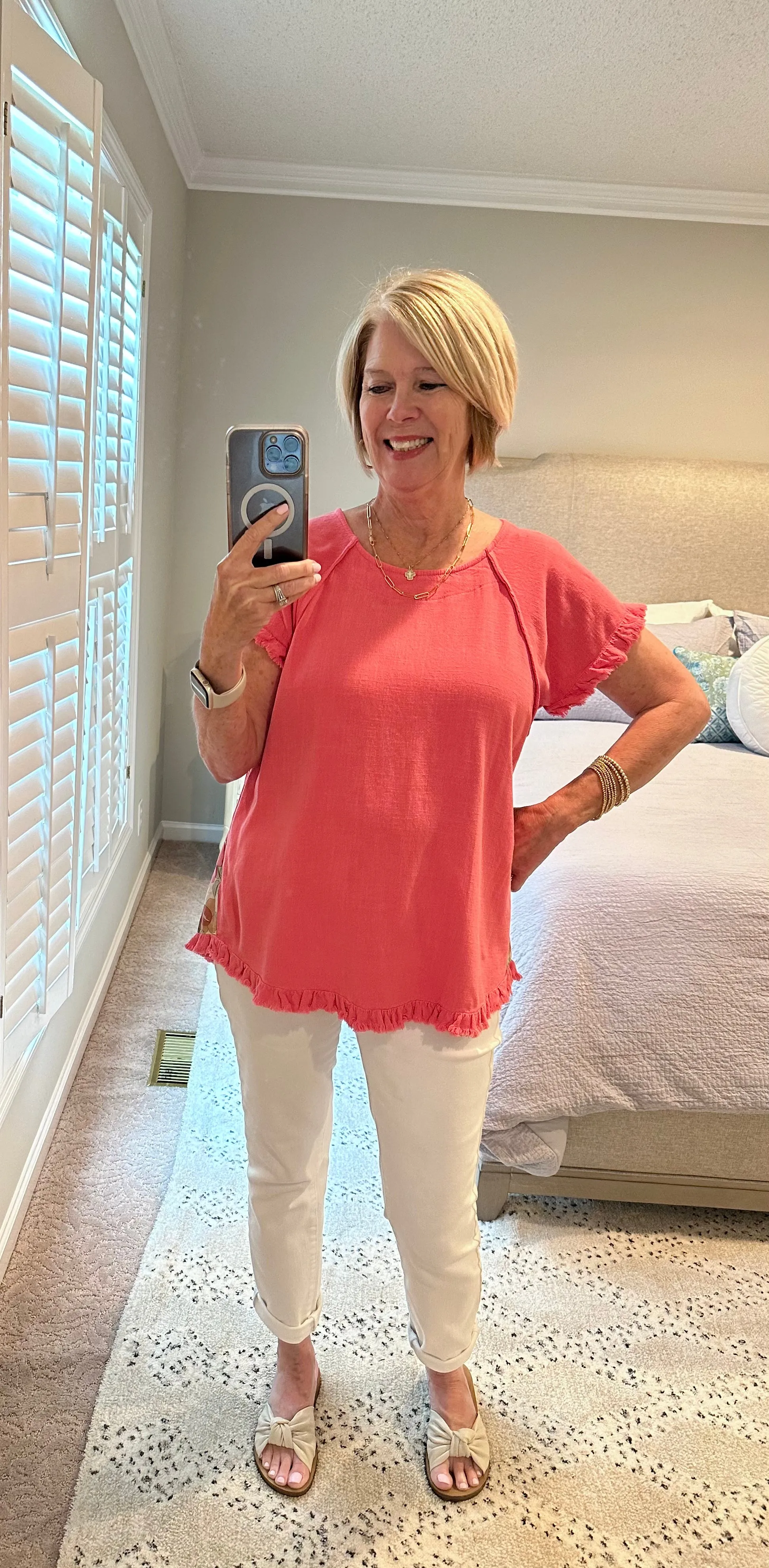 Floral Back Flowy Linen Top - Coral Pink