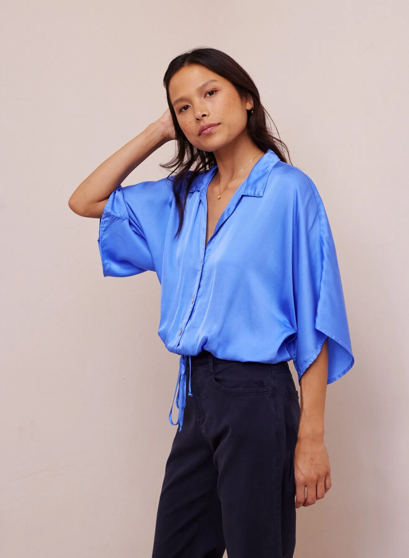 Flowy Tie Button Waist Shirt