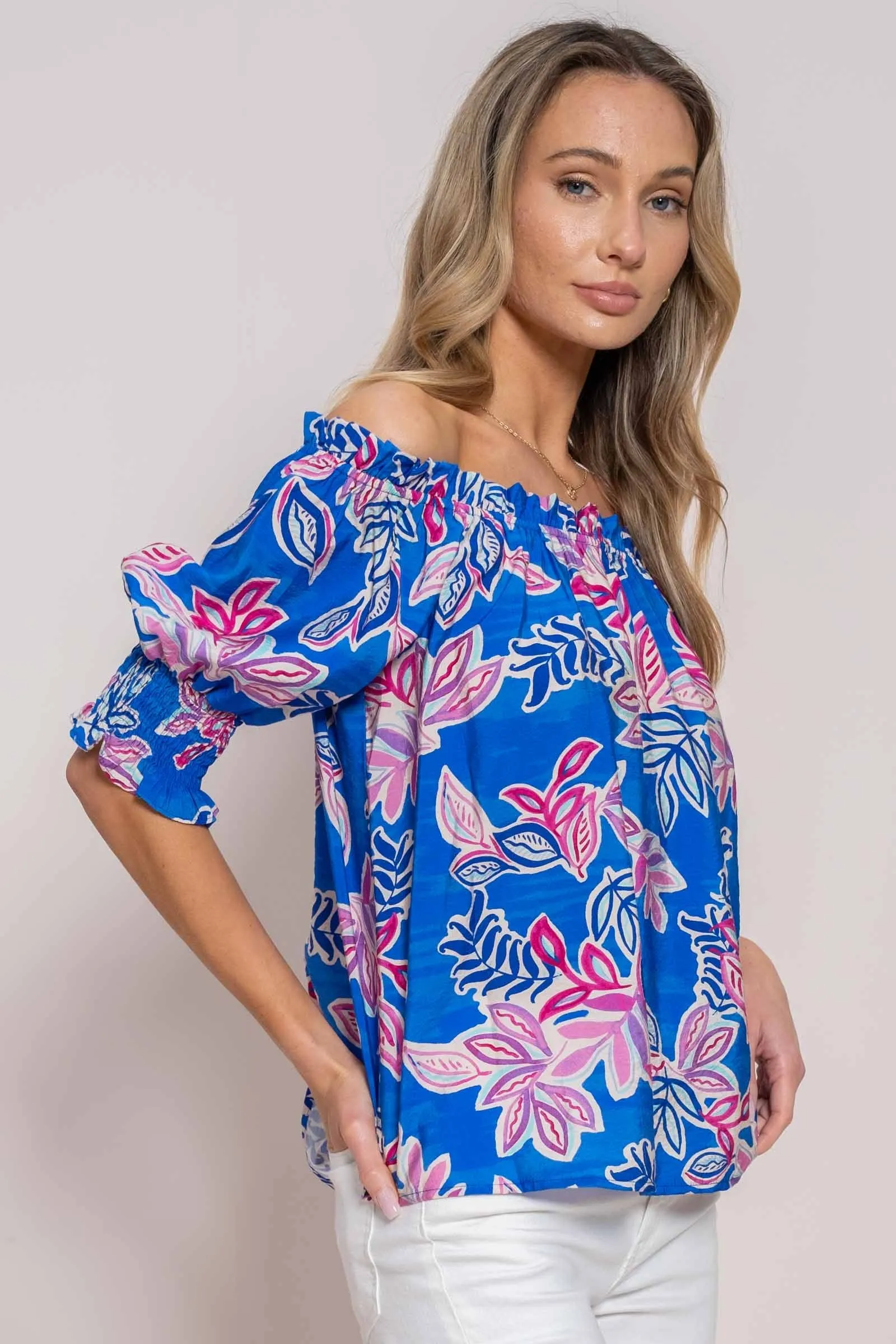 Hailey & Co On or Off the Shoulder Printed Top in Blue