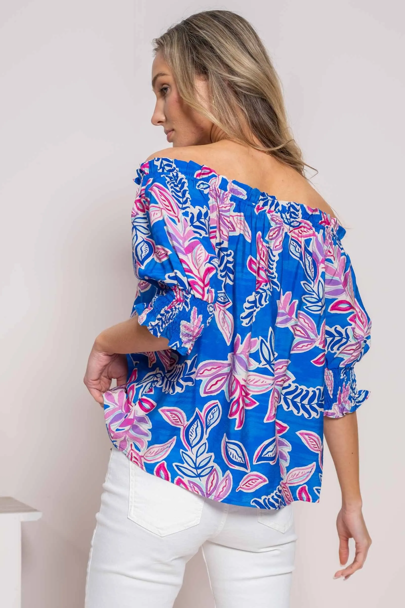 Hailey & Co On or Off the Shoulder Printed Top in Blue