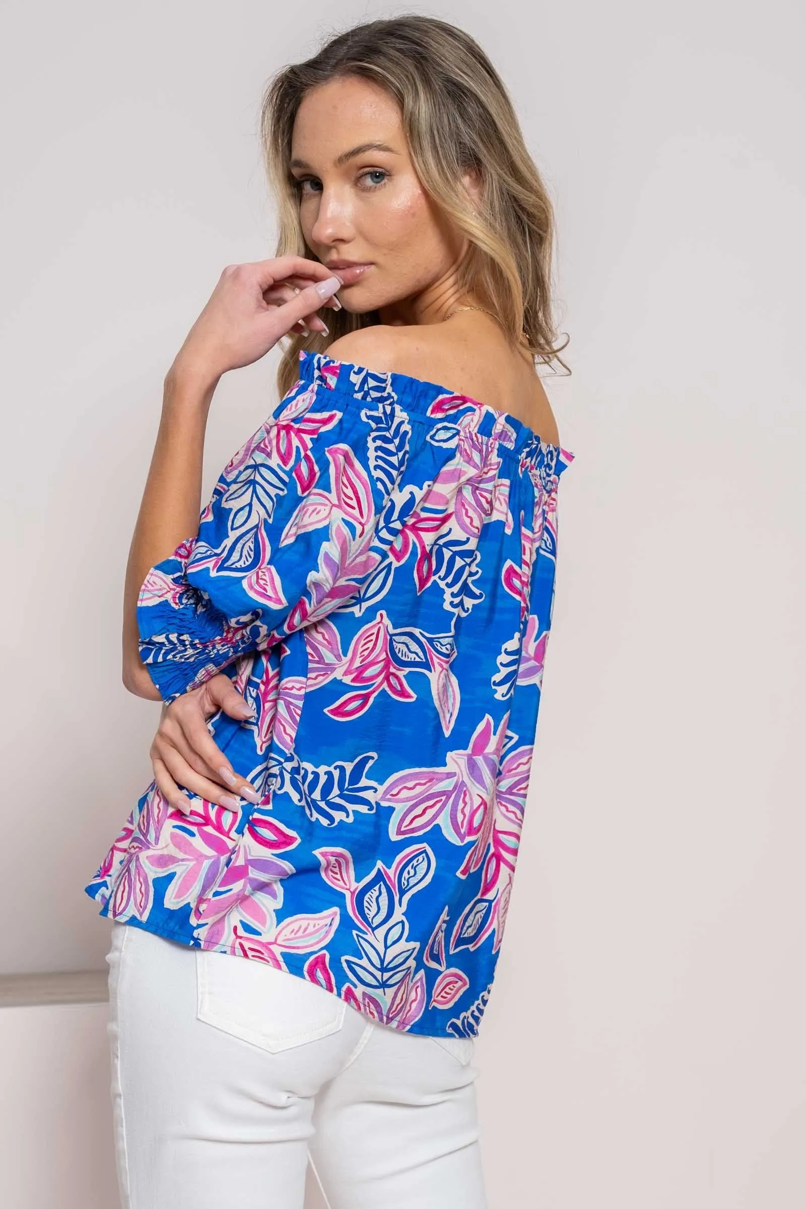 Hailey & Co On or Off the Shoulder Printed Top in Blue