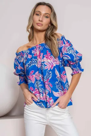 Hailey & Co On or Off the Shoulder Printed Top in Blue