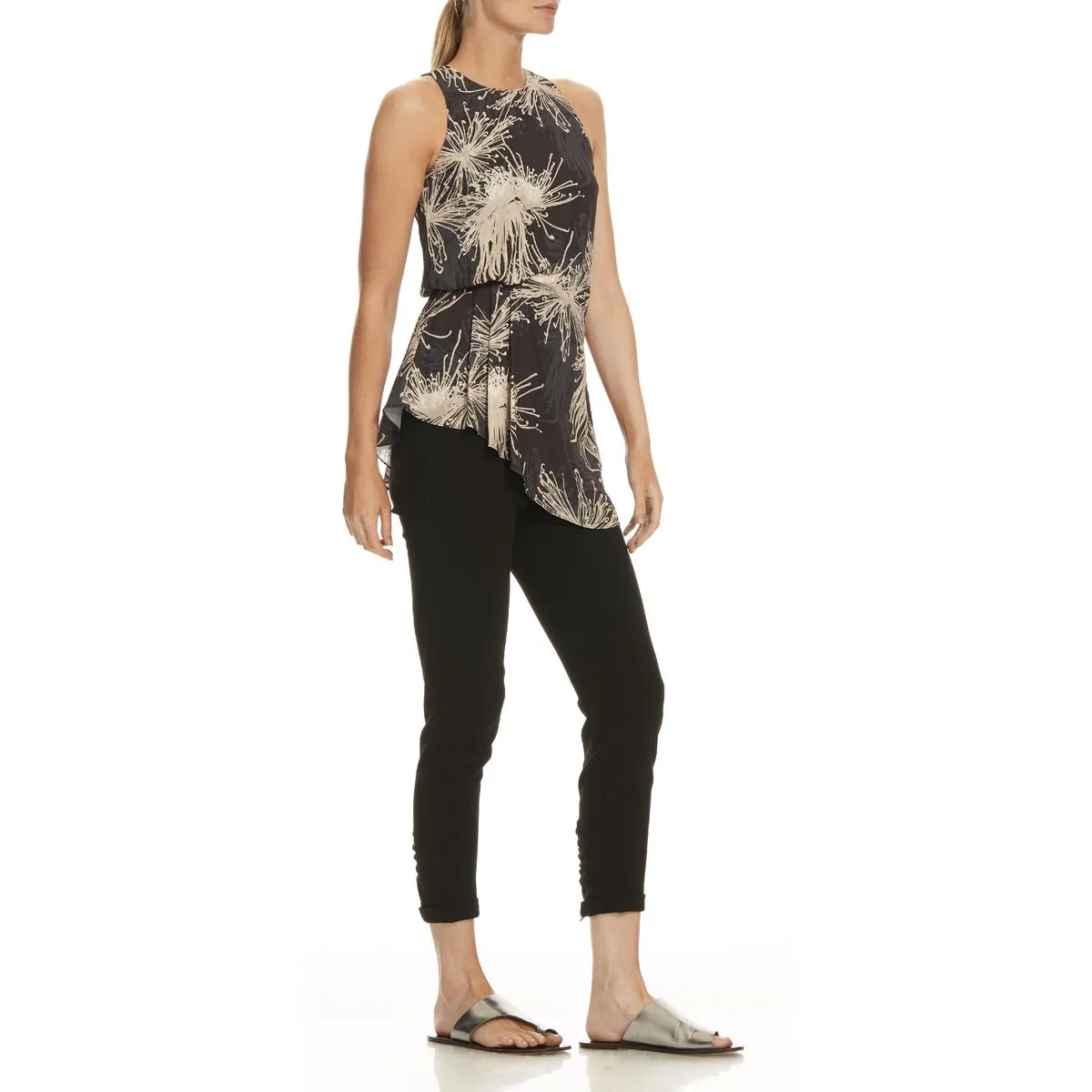 Halston Women's Crepe Sleeveless Asymmetric Printed Tank Top Blouse