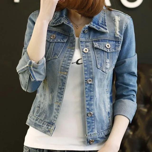 HEE GRAND Size S-5XL Denim Jacket Women 2018 Long Sleeve Hole Light Washed Short Jeans Jacket Frayed Fashion Girls Coats WWJ840