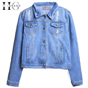 HEE GRAND Size S-5XL Denim Jacket Women 2018 Long Sleeve Hole Light Washed Short Jeans Jacket Frayed Fashion Girls Coats WWJ840