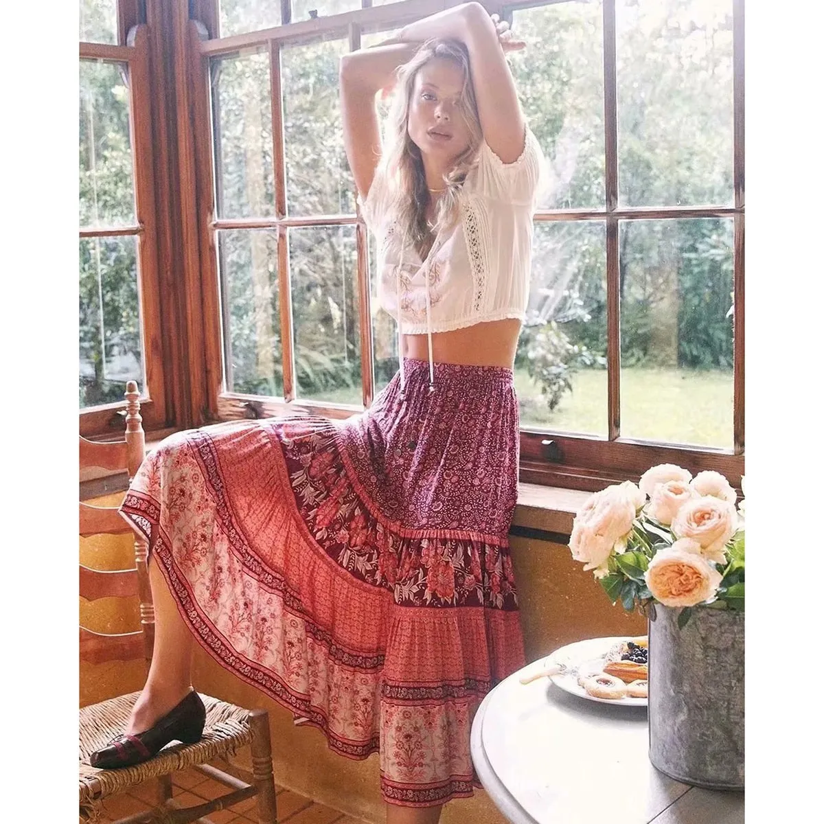 Jastie Vintage Floral Print Skirt Casual Drawstring Elastic Waist Midi Skirt Boho Hippie Chic Beach Skirts mujer faldas Bottom