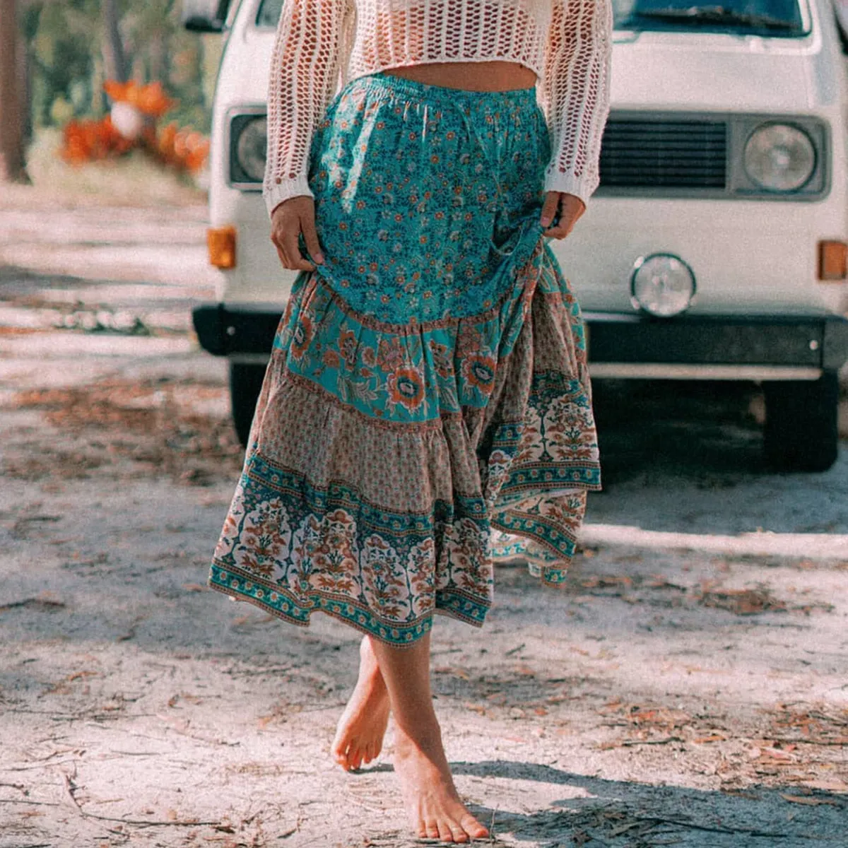 Jastie Vintage Floral Print Skirt Casual Drawstring Elastic Waist Midi Skirt Boho Hippie Chic Beach Skirts mujer faldas Bottom