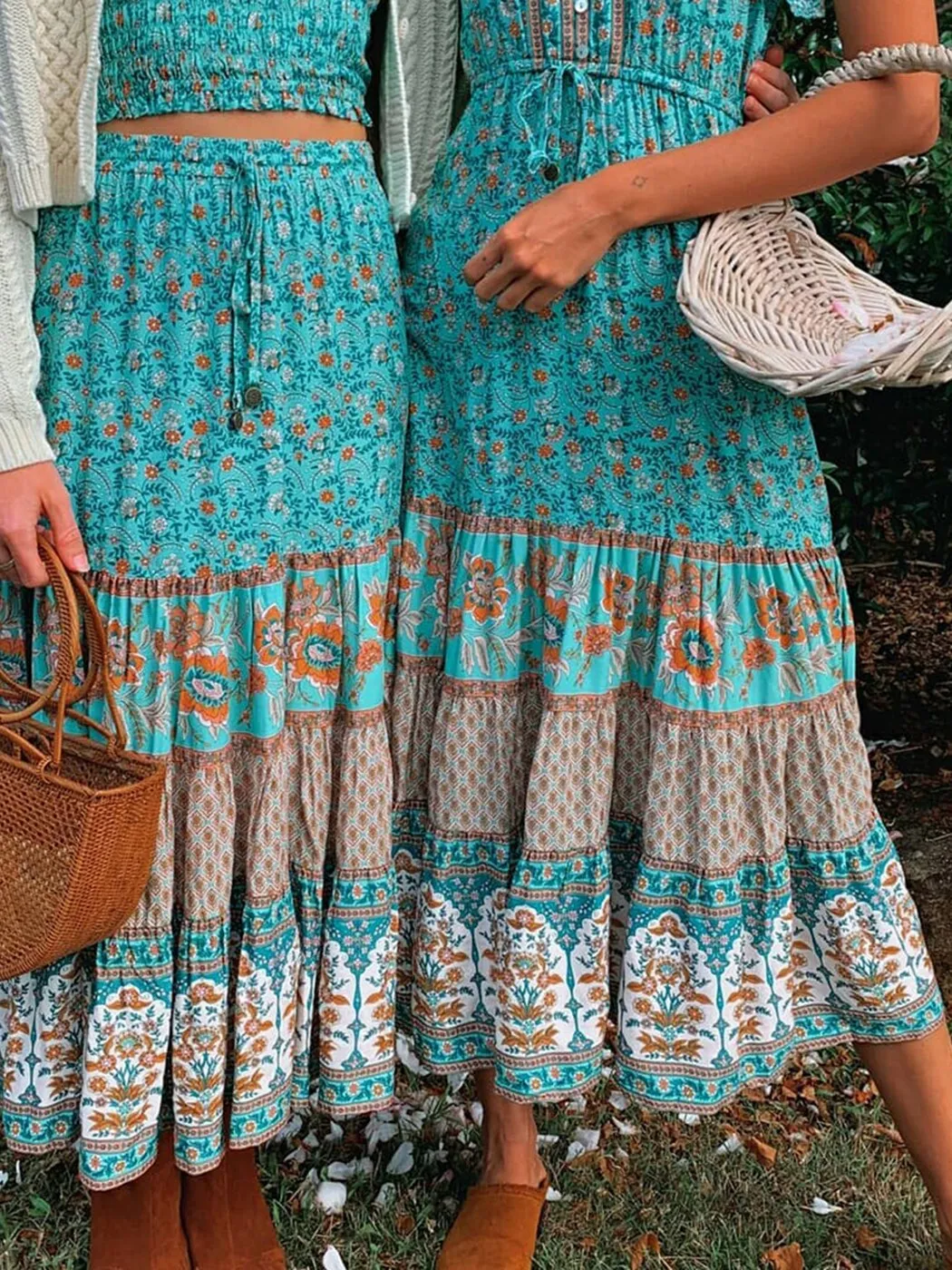 Jastie Vintage Floral Print Skirt Casual Drawstring Elastic Waist Midi Skirt Boho Hippie Chic Beach Skirts mujer faldas Bottom